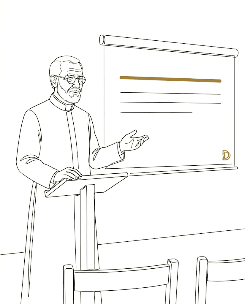 Le père présente le cours debout en classe
