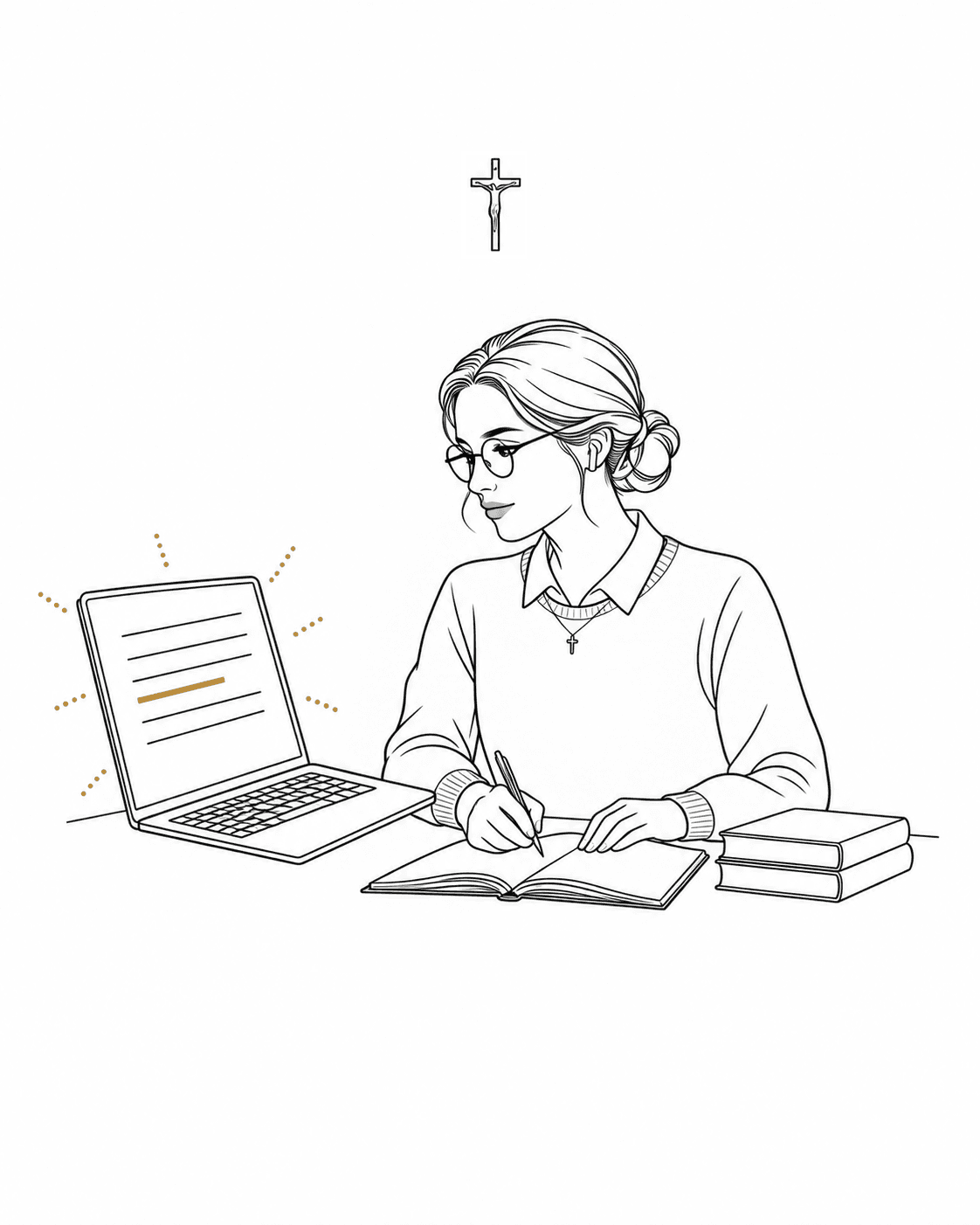 L'étudiante prend des notes, la source surlignée à l'écran