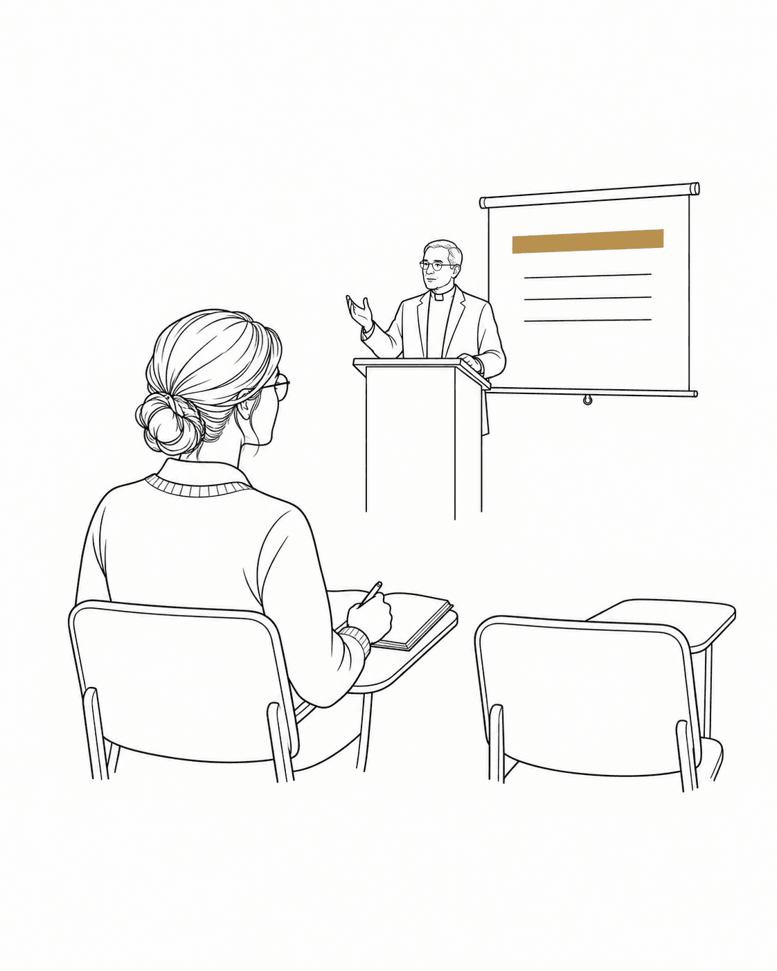 En classe, l'étudiante écoute le père au pupitre