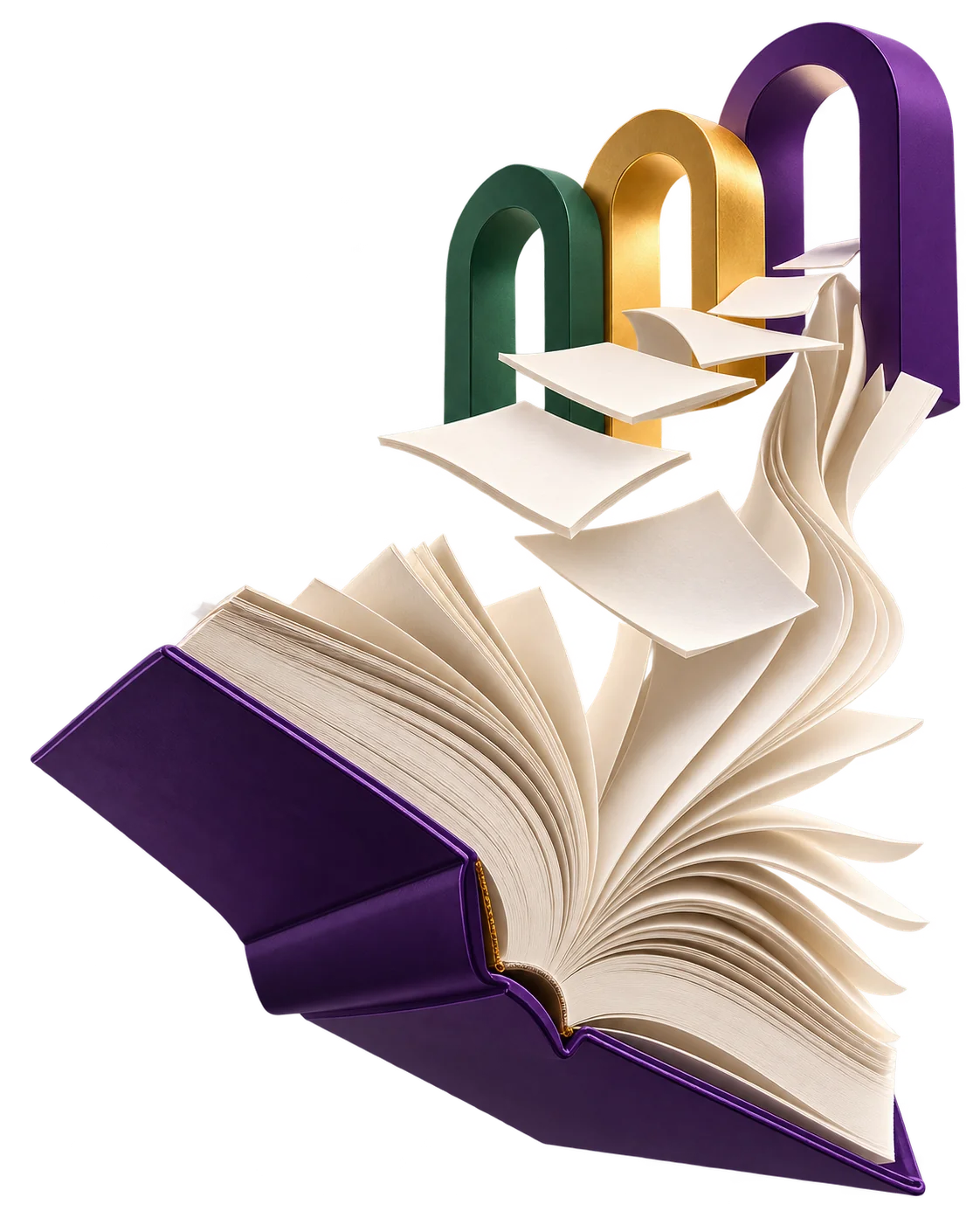 An open book whose pages fly toward three arches in purple, gold and green.