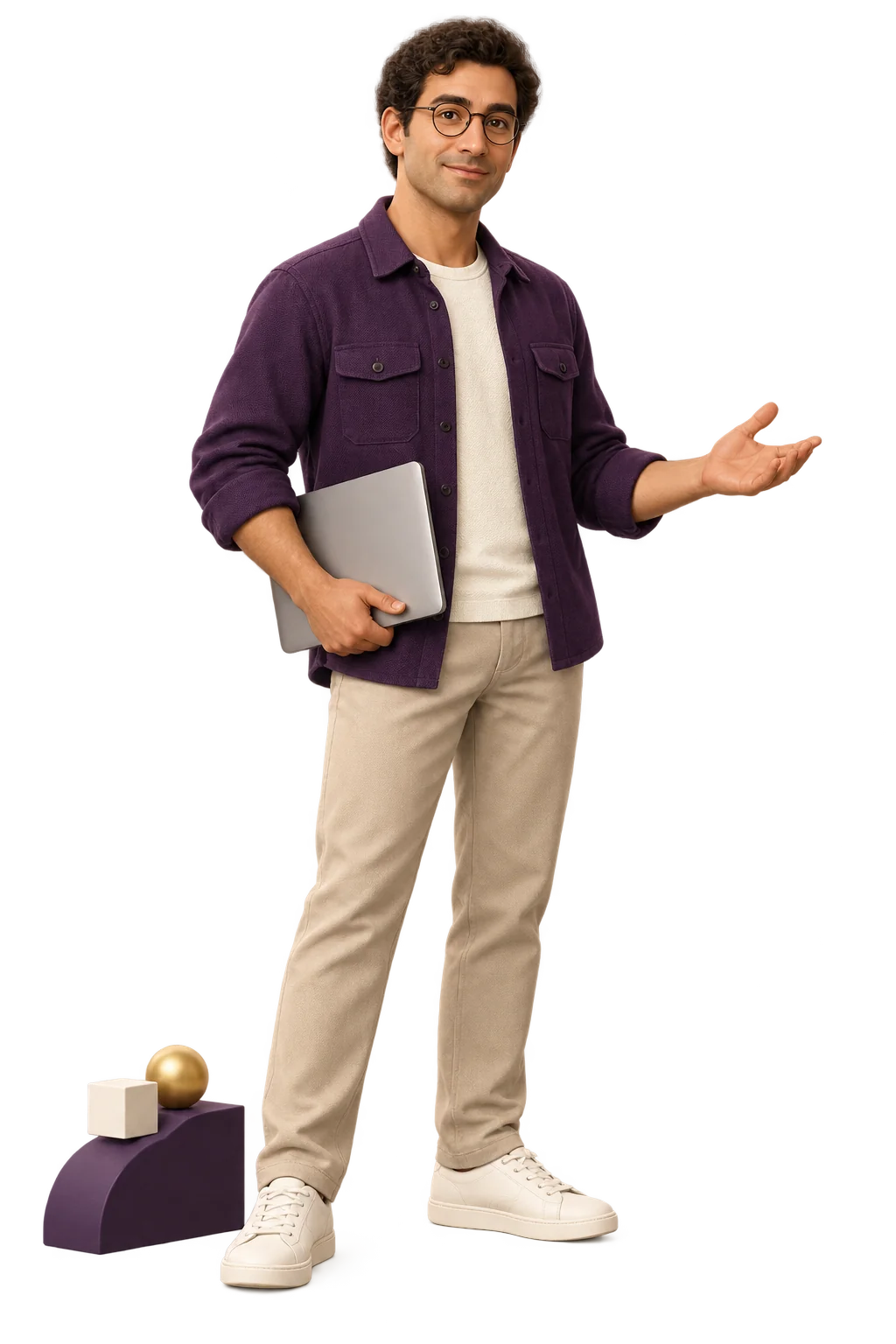 Mister DK, the Studio's character, with a laptop under his arm.