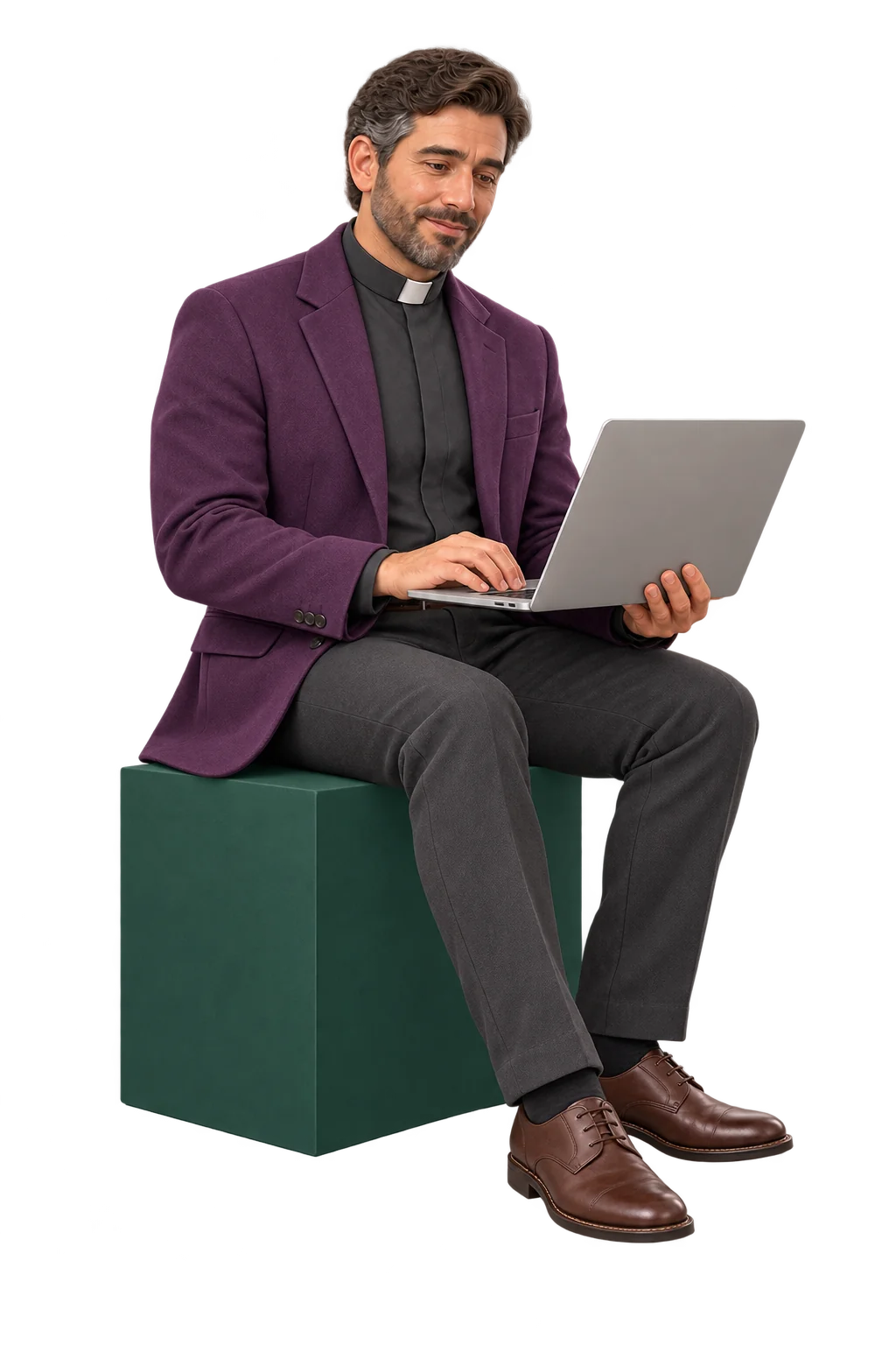 Le prêtre formateur consulte son ordinateur.