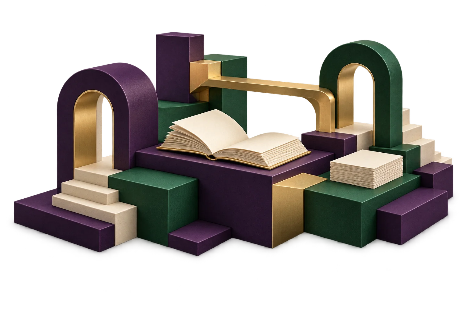 A 3D workshop: arches, an open book and purple, green and gold blocks.