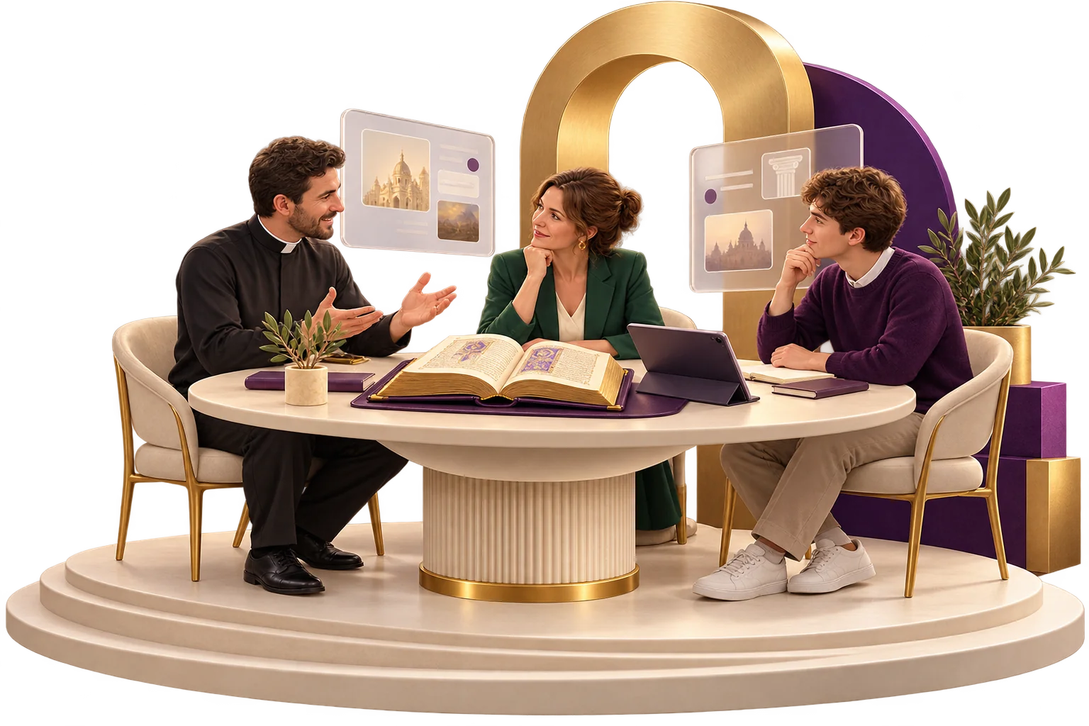 A priest, a teacher and a student talk around an open book and a tablet.